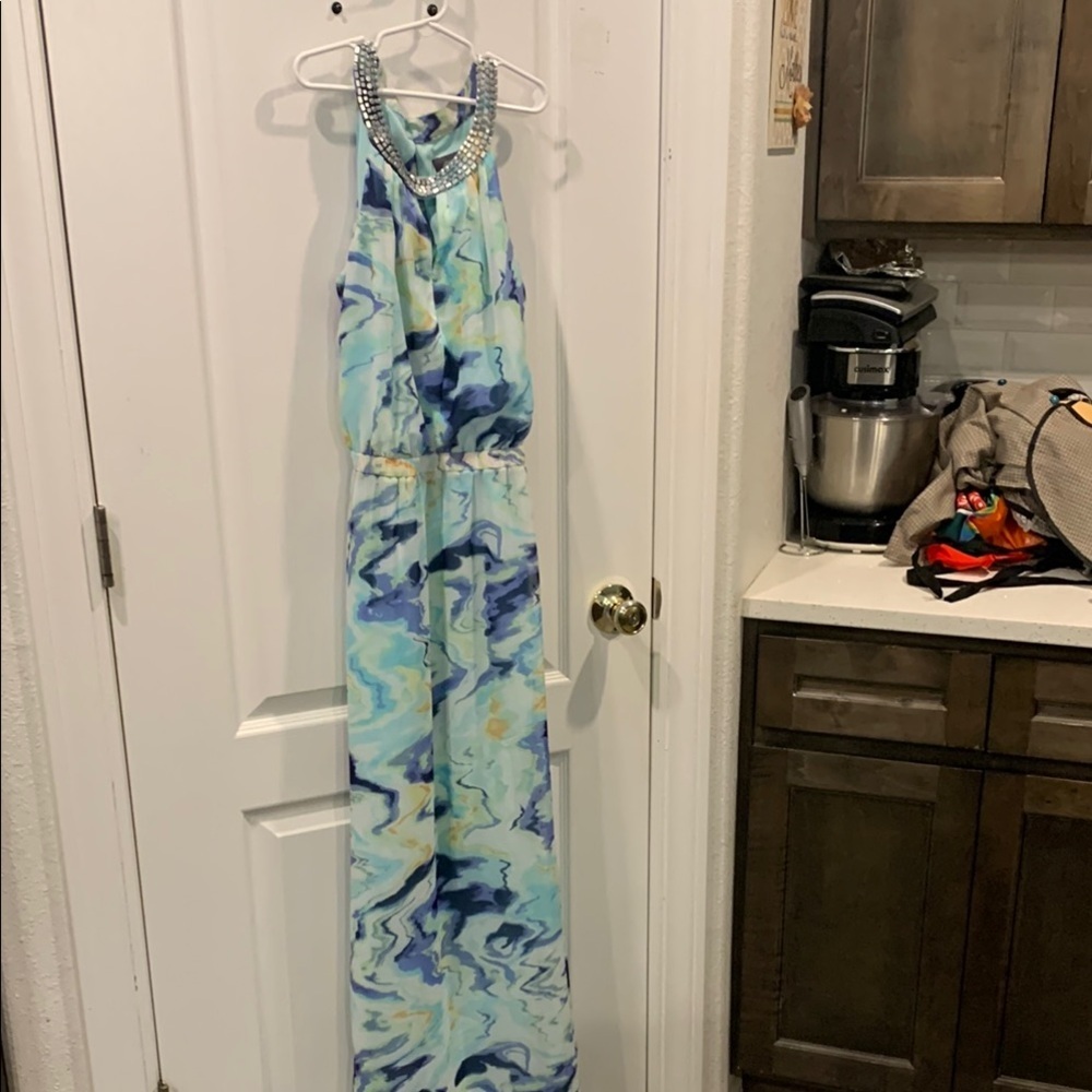 Blue and White Marble Print Halter Dress